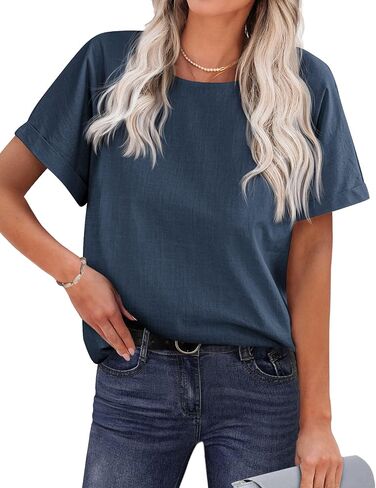 Chigant Women's Linen Shirts Short Sleeve Cotton Blouses Casual Loose Round Collar Solid Boxy Tunics Top in Saudi Arabia