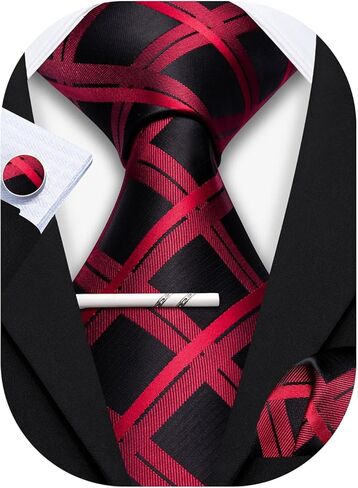 YOHOWA Plaid Men Zipper Necktie Set Extra Long Pre-Tied Tie Clip Set Pocket Square Cufflinks Formal Business Wedding Party in Kuwait