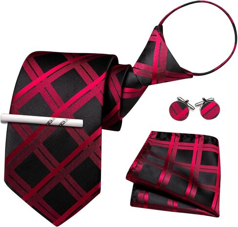 YOHOWA Plaid Men Zipper Necktie Set Extra Long Pre-Tied Tie Clip Set Pocket Square Cufflinks Formal Business Wedding Party in Kuwait