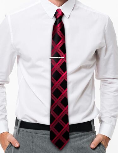 YOHOWA Plaid Men Zipper Necktie Set Extra Long Pre-Tied Tie Clip Set Pocket Square Cufflinks Formal Business Wedding Party in Kuwait