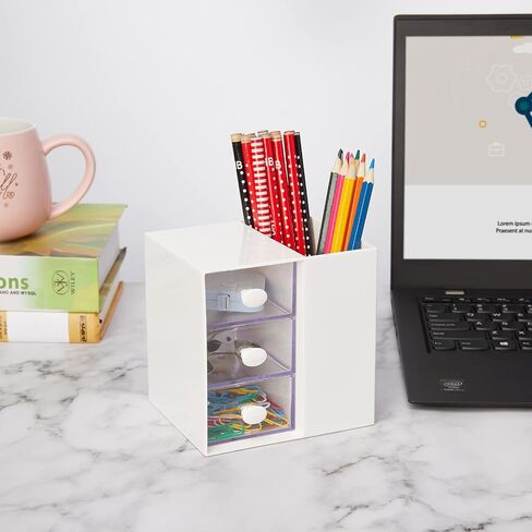 LETURE Small Desk Organizer with Drawer, Office School Business Storage Box for Card/Pen/Pencil/Marker/Stationery, Plastic Cosmetic Makeup Organizer (White) in Saudi Arabia