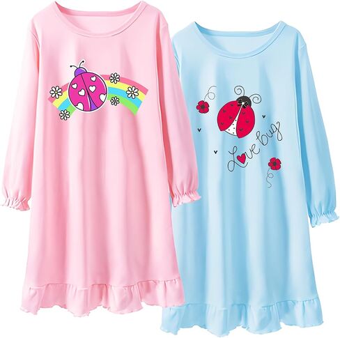 2Pcs Girls Nightgowns 3-10 Years Flutter Long Sleeves Nightdress Nightie Dress Sleepwear Pajamas for Toddler Kids Girls in Saudi Arabia