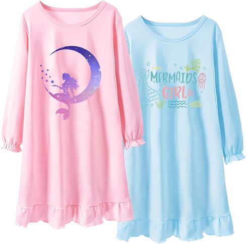 2Pcs Girls Nightgowns 3-10 Years Flutter Long Sleeves Nightdress Nightie Dress Sleepwear Pajamas for Toddler Kids Girls in Saudi Arabia