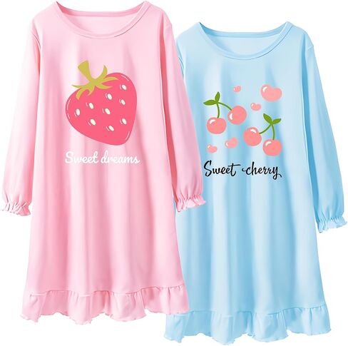 2Pcs Girls Nightgowns 3-10 Years Flutter Long Sleeves Nightdress Nightie Dress Sleepwear Pajamas for Toddler Kids Girls in Saudi Arabia
