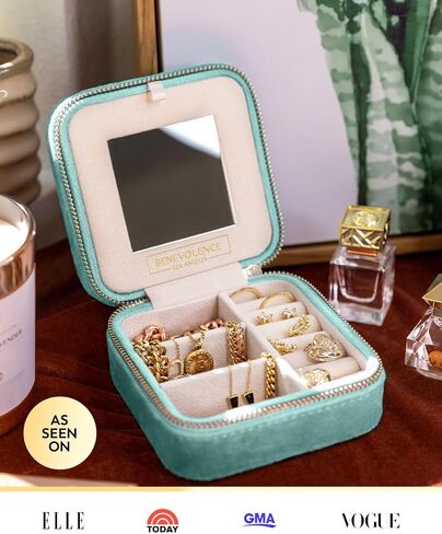 Benevolence LA Plush Velvet Jewelry Box | Travel Jewelry Case Organizer with Mirror | Featured in Oprah's Favorite Things | Best Gifts For Daughter, Girlfriend, Mom | Gifts For Her - Cyan in Kuwait