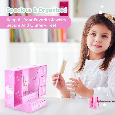 صندوق مجوهرات راقصة الباليه باللون الوردي والأرجواني من Jewelkeeper للفتيات - صندوق مجوهرات خشبي للفتيات الصغيرات مع قلادة دائرية - للأطفال أو المراهقين وقلائد وإكسسوارات هدايا عيد الأم in Saudi Arabia