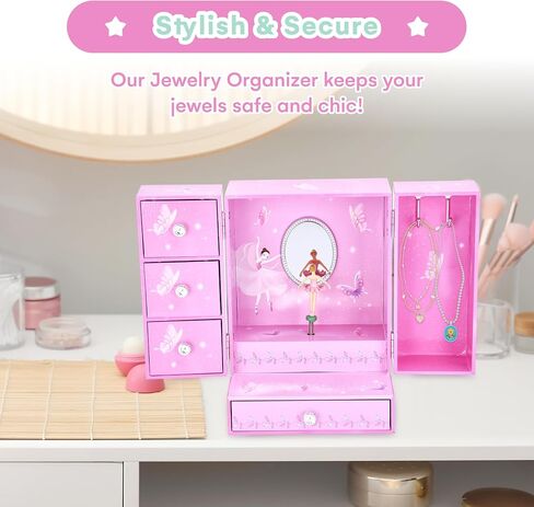 صندوق مجوهرات راقصة الباليه باللون الوردي والأرجواني من Jewelkeeper للفتيات - صندوق مجوهرات خشبي للفتيات الصغيرات مع قلادة دائرية - للأطفال أو المراهقين وقلائد وإكسسوارات هدايا عيد الأم in Saudi Arabia