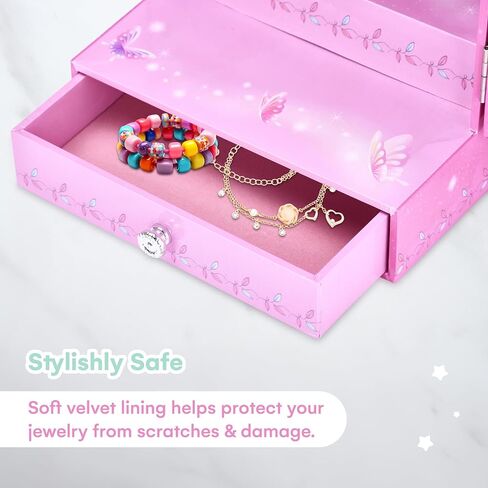 صندوق مجوهرات راقصة الباليه باللون الوردي والأرجواني من Jewelkeeper للفتيات - صندوق مجوهرات خشبي للفتيات الصغيرات مع قلادة دائرية - للأطفال أو المراهقين وقلائد وإكسسوارات هدايا عيد الأم in Saudi Arabia