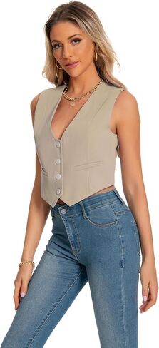 YYNUDA Sleeveless Blazer Vest for Women V Neck Single Breasted Button Down Business Short Waistcoat in Saudi Arabia