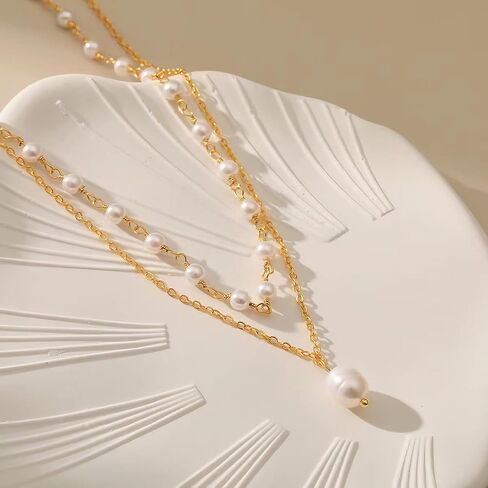 Layered Pearl Necklaces for Women 18K Gold Plated Dainty Pearl Choker Necklaces Trendy Jewelry Gifts for Women. in Saudi Arabia