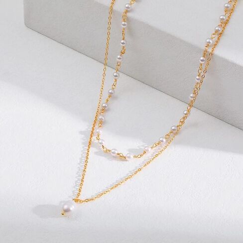 Layered Pearl Necklaces for Women 18K Gold Plated Dainty Pearl Choker Necklaces Trendy Jewelry Gifts for Women. in Saudi Arabia