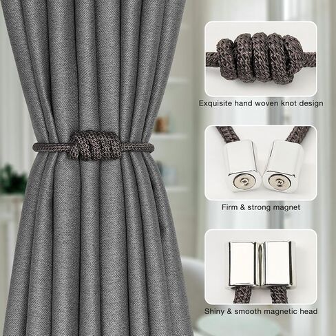 NICEEC 4 Pack Mini Magnetic Curtain Tiebacks Modern Simple Style Drape Tie Backs Elegant Hand Weave Rope Knot Decorative Curtain Holdbacks for Home & Office Window Drapery (Dark Grey) in Kuwait