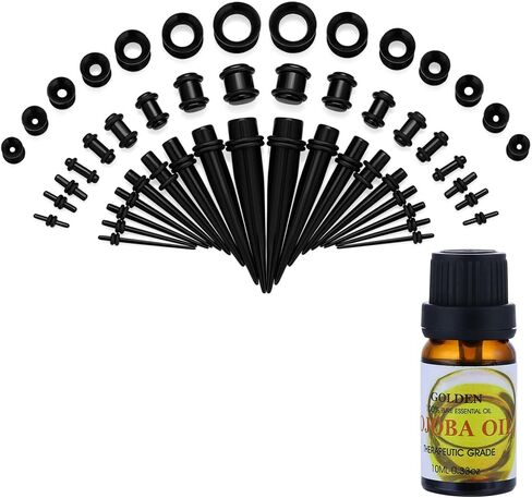 NASAMA 50 Pieces Ear Gauge Stretching Kit+Aftercare Jojoba Oil,14G-00G Tapers Plugs Silicone Tunnels Gauges Expander Set Body Piercing Jewelry in Saudi Arabia