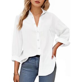 Womens Button Down Shirts, Long Sleeve Loose Fit Cotton Blouses for Womens, Oversized Blouses Tops Casual with Pockets