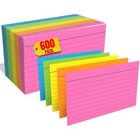 1InTheOffice Colored Index Cards 3x5, Ruled Neon Index Cards, Assorted, 600 Pack