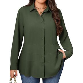 Beautife Women's Plus Size Button Down Shirts Long Sleeve Dressy Casual Blouse V Neck Collared Tiered Slimming Peplum Tops