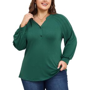 Women Plus Size Top Casual Lantern Long Sleeve Blouses V Neck Button Down Pleated Shirts Fall Tunic Tops
