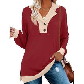 LOMON Women Long Sleeve Button Tops Lady Lapel V Neck Shirts Loose Casual Color Block Blouses Side Split