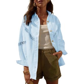 Cicy Bell Women's Button Down Shirts Floral Hollow Out Long Sleeve Business Casual Blouses Tops