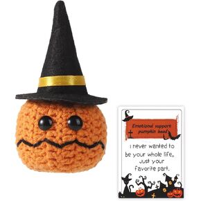 Halloween Pumpkin Crochet, Positive Pumpkin Emotional Support Knit Doll Funny Encouragement Decoration Creative Knitted Potato with Card Hat Gift for Friends Halloween Thanksgiving Day