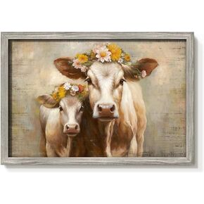 Sheep Framed Wall Art Decor: The Farmhouse Wooden Picture Vintage Rustic Farm Animals Painting Cute Sheep with Floral Crown Artwork for Kitchen Living Room 36'' x 24''