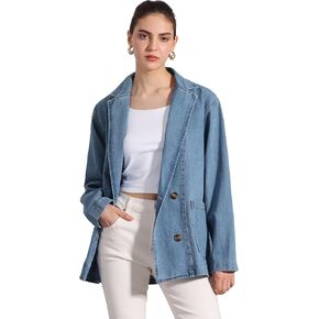 Allegra K Women's Denim Jacket Notched Lapel Button Up Pockets Casual Jean Coat Work Office Oversized Denim Blazer