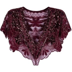 1920s Shawl dress Cape For Women Formal, Maroon Red Shawl, Maroon Red Beaded Cape, Maroon Red Lace Shawl, Maroon Red Shawl For Dress, Evening Dress Shrug Wrap,Maroon Red Gatsby Shawl. (Maroon Red)