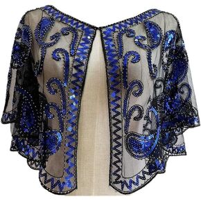 Black Royal Blue Sequin Shawl, Evening Shawl, Black Royal Blue Flapper Shawl, Womens Lace Shawls And Wraps, Shawls With Sequins, Plus Size Sequin Shawl Wrap Gatsby Beaded Evening Cape, 1920s Shawl.