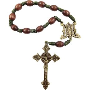 Our Lady of Grace One Decade Dark Brown Beads Pocket Rosary Catholic Crucifix Green Corded Prayer Rosaries for Car Rearview Mirror with Linen Rosary Pouch