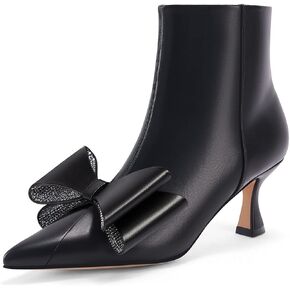 Coutgo Womens Low Kitten Heel Ankle Boots Rhinestone Bow Pointed Toe Side Zipper Dress Fall Booties Shoes