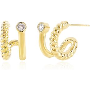 Gold Double Hoop Earrings for Women 14K Gold Plated Spiral Twist Earrings with Cubic Zirconia Double Hoop Earrings for Single Piercing Open Hoop Earrings for One Hole Trendy Jewelry Gift for Girls