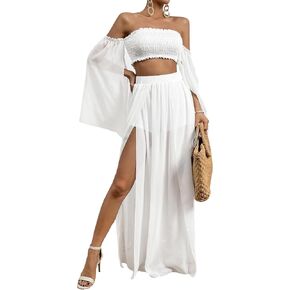Floerns Women's 2 Piece Outfit Solid Off Shoulder Crop Top and Split Thigh Skirt Set
