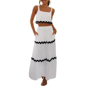 Summer Dresses for Women 2024 Maxi Dress 2 Piece Vacation Outfits Skirt Set with Pockets