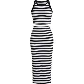 Verdusa Women's Casual 2 Piece Set Round Neck Sleeveless Slim Fit Striped Tank Top and Skirt