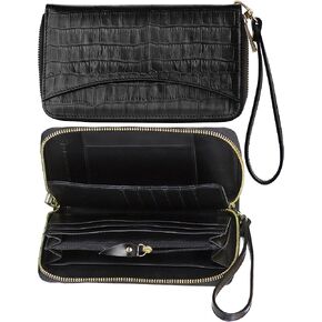 Women's Genuine Leather Wallet Wristlet Strap Clutch with Scan Proof Walls for ID protection -Crocodile Skin Design in Black in Saudi Arabia