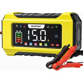 NEXPEAK NC215 15-Amp Battery Charger, 12V 24V LiFePO4 Lead Acid Portable Car Battery Charger 9-Stage Trickle Charger Smart Battery Maintainer w/Temp Compensation for Car Truck Lawn Mower Boat Marine