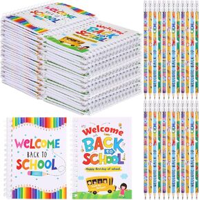 Crtiin 48 Pcs Back to School Gift Set for Kids First Day of School Notebooks Pencils Set Welcome Back to School Pencils with Small Spiral Notepad Party Supplies Decorations Gifts Prize Goodie Bag