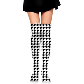 Women Thin Tube Thigh High Tights Black And White Houndstooth Over Knee Socks Casual High Warm Stockings