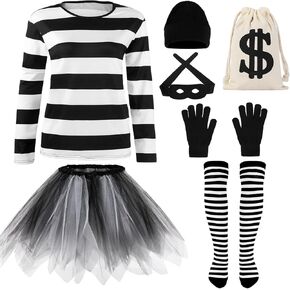 Hillban 7 Pcs Halloween Robber Costume Set, T Shirt Socks Cap Gloves Eye Mask Drawstring Tutu Skirt Accessories