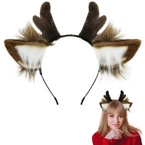 SIOTMERA Reindeer Antlers Headband, Simulated Faux Fluff Deer Antlers Headbands Adults, Animal Ears Headband Party Cosplay, Reindeer Headband Antlers Ears for Halloween Christmas Costume, Brown