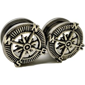 Stainless Steel Compass Ear Plugs - Screw-On Gauges - 7 Sizes - Pair - New!