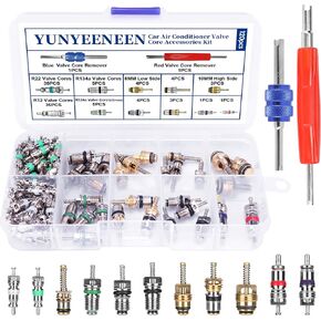 Car Air Conditioner Valve Core Accessories Kit - 102Pcs Automotive A/C R12 R134a Air Conditioning Refrigeration Tire Valve Stem Cores Repair Tool with Removal Tool Assortment Kit