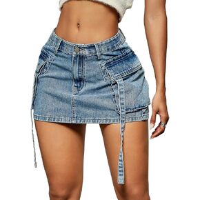 Denim Skirt y2k Button Mini Skirt Jean Skirt Cargo Skirts for Women with Pocket Low Waist