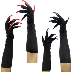 2 Pairs Halloween Costume Cat Paw Woman Claw Gloves Funny Long Fingernails Black Red Claw Gloves for Halloween Party Prop Wolf Claws Glove Cosplay Costume