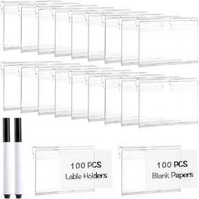 100 قطعة من مشابك ملصقات سلة التخزين البلاستيكية، مقاس 2.36 × 1.57 بوصة، مشبك ملصقات السلة، 100 إدراج ملصق مع 2 علامات طباشير سوداء لصناديق القماش، مكعبات تخزين، رف سلكي in Kuwait