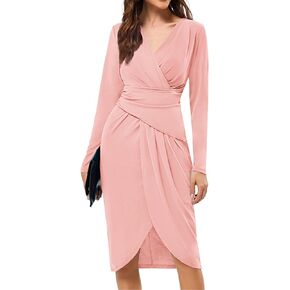 JASAMBAC Women's Bodycon Dresses 2024 Wrap V Neck Wear to Work Business Casual Cocktail Church Professional Office Dress