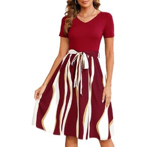 Women's Summer Casual Elegant Vintage Stripe V Neck Short Sleeve Work Party A-Line Knee-Length Dress with Belt D824