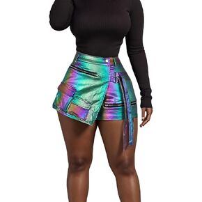Women's Sexy High Waisted Metallic Faux Leather Wrap Mini Skirt Shorts Plus Size Cargo Skort