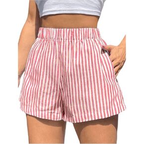 OYOANGLE Women's Striped Print High Waisted Shorts Elastic Waist Wide Leg Loose Casual Shorts