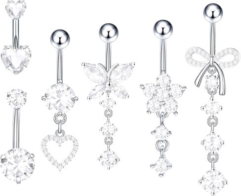 6Pcs Belly Button Ring Dangle Navel Belly Piercing Jewelry Bow Heart Butterfly Flower Navel Belly Rings Stainless Steel Dangling Jewelry 14G Cute Pink White CZ for Women in Saudi Arabia
